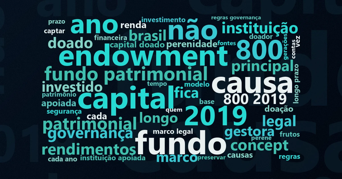 Nuvem de palavras com os termos centrais da matéria 'Endowments: o que são os fundos patrimoniais' no Terceiro Setor