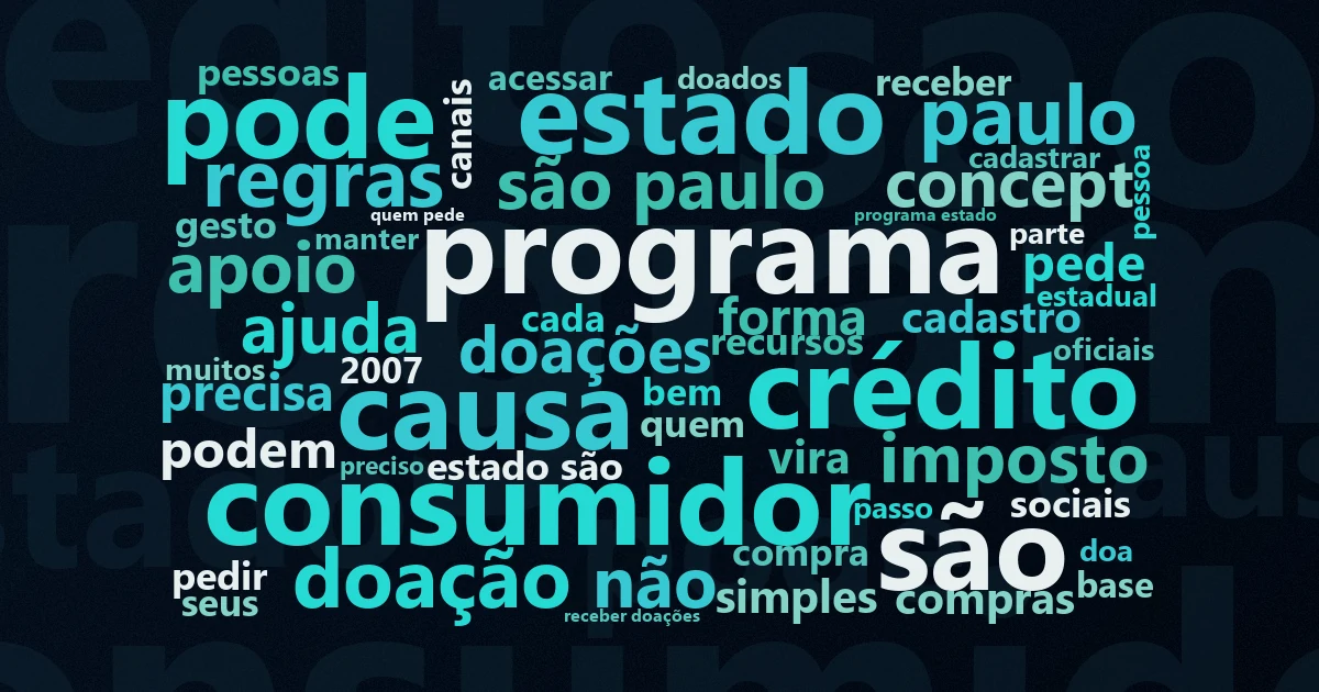 Nuvem de palavras com os termos centrais da matéria 'Nota Fiscal Paulista: como doar créditos a entidades' no Terceiro Setor