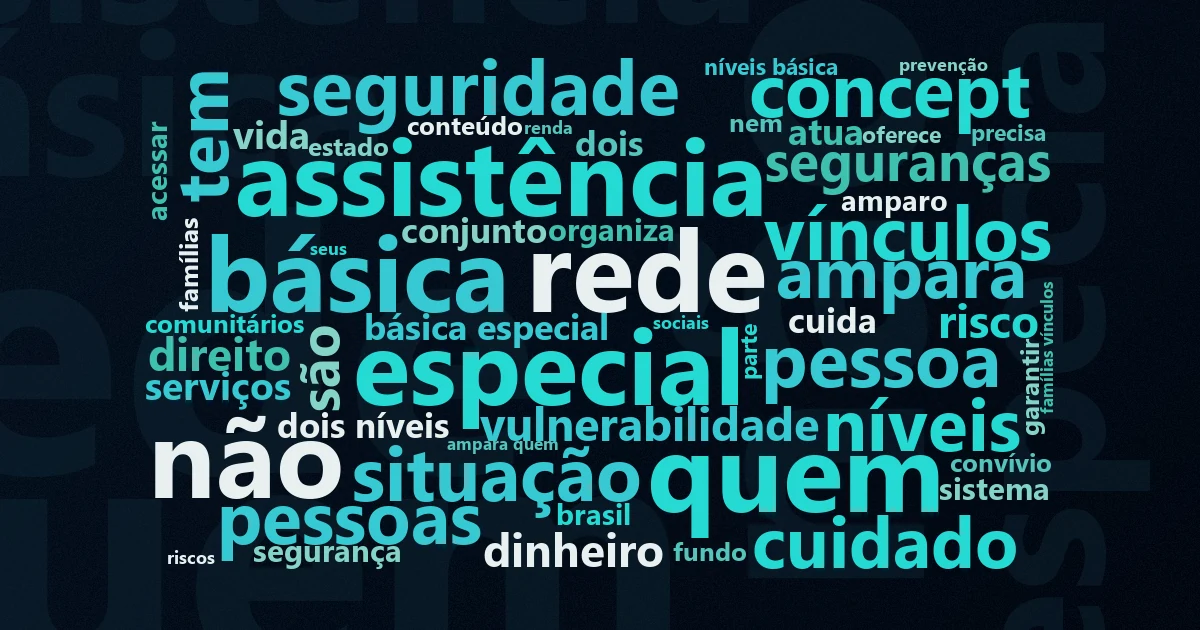 Nuvem de palavras com os termos centrais da matéria 'Proteção Social: o que é e como funciona' no Terceiro Setor
