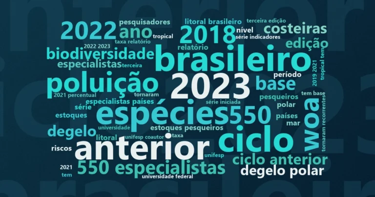 Nuvem de palavras com os termos centrais da notícia 'Situação dos oceanos é grave e demanda ação global urgente, diz ONU' no Terceiro Setor