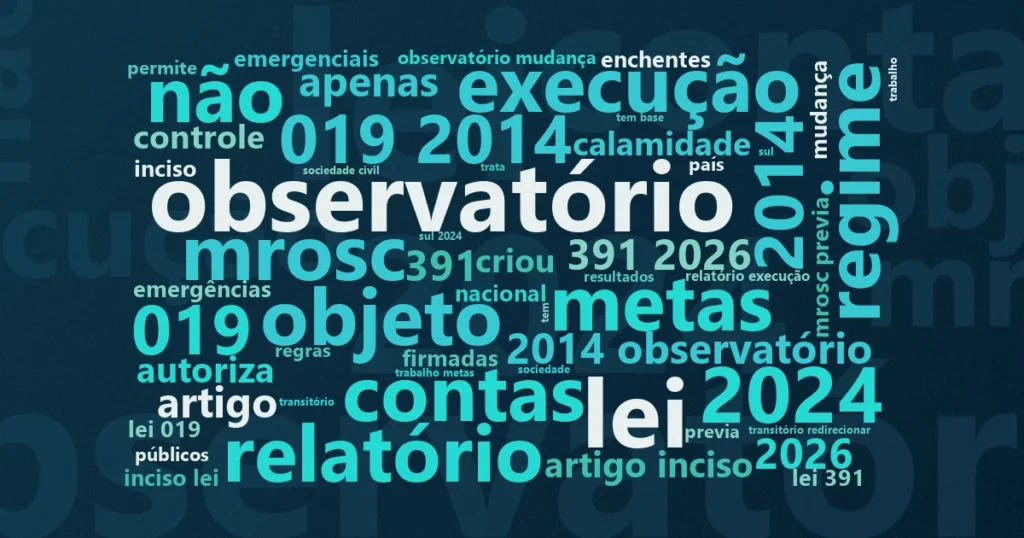 Nuvem de palavras com os termos centrais da notícia 'Parcerias em calamidades: entre avanços e lacunas' no Terceiro Setor