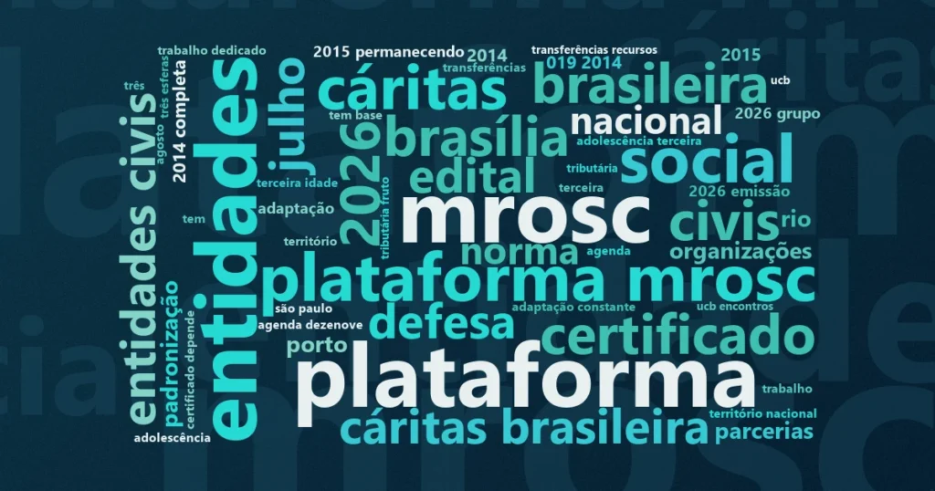 Nuvem de palavras com os termos centrais da notícia 'Sessão especial no Senado celebra os 12 anos do Marco Regulatório das OSCs' no Terceiro Setor