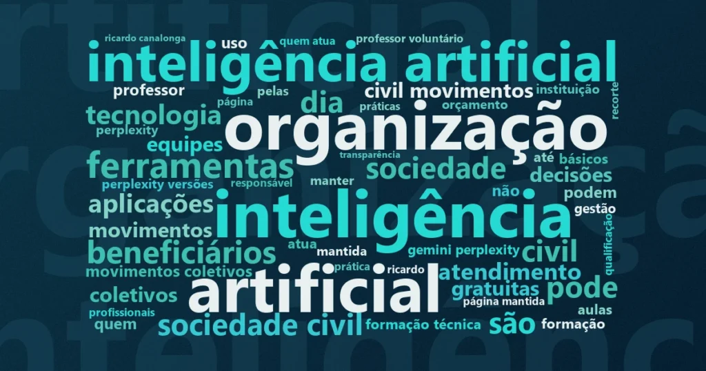 Nuvem de palavras com os termos centrais da notícia 'IA para organizações sociais ganha curso online gratuito e acessível' no Terceiro Setor