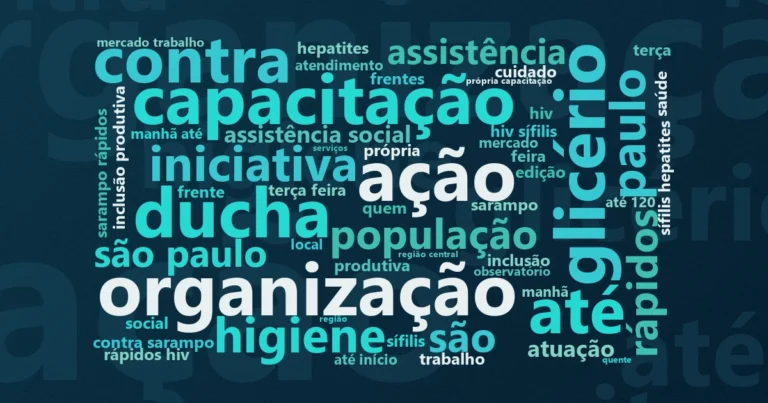 Nuvem de palavras com os termos centrais da notícia 'SP Invisível oferece banho, vacina e testes a pessoas em situação de rua' no Terceiro Setor