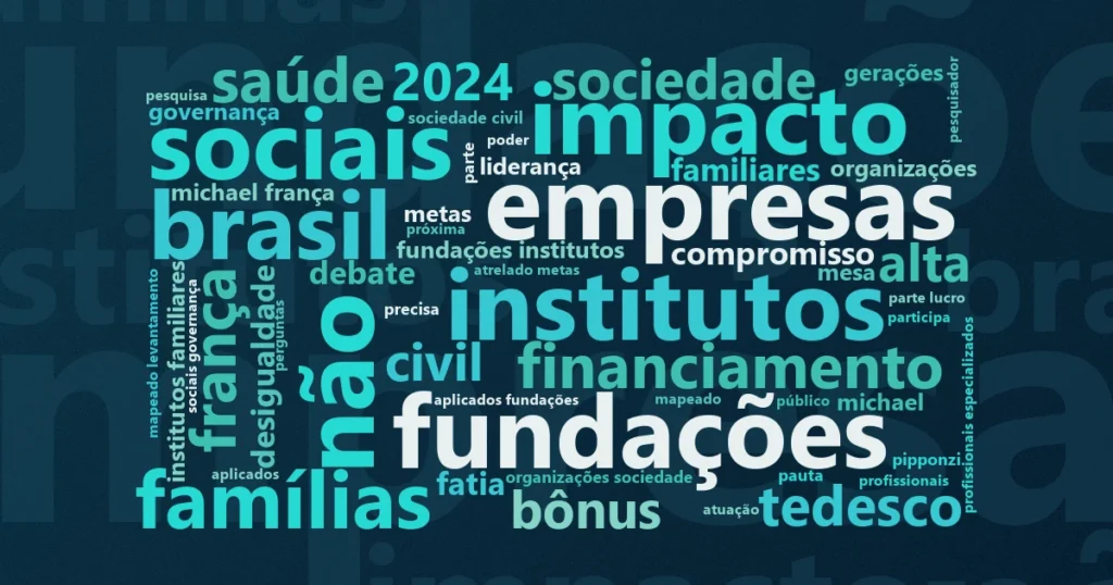 Nuvem de palavras com os termos centrais da notícia 'Filantropia familiar soma R$ 395 milhões, 7% do total do Censo GIFE' no Terceiro Setor
