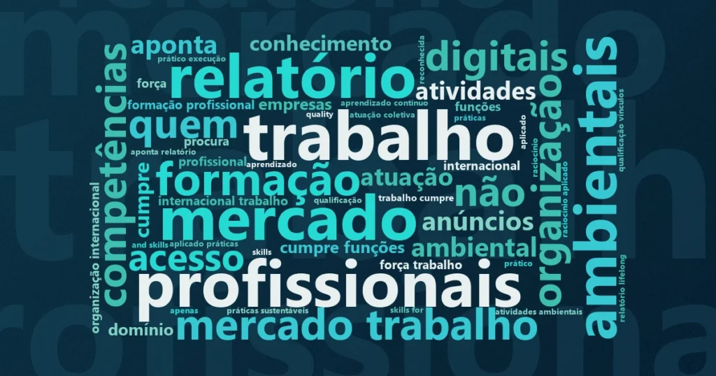 Nuvem de palavras com os termos centrais da notícia 'OIT associa digitalização e sustentabilidade a novas habilidades' no Terceiro Setor