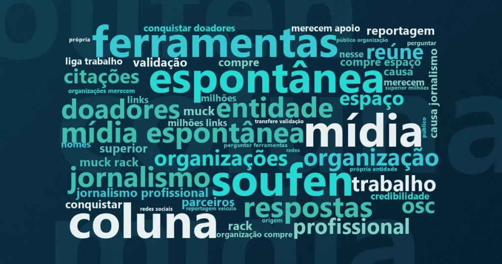 Nuvem de palavras com os termos centrais da notícia 'Assessoria de imprensa ganha peso para OSCs diante de buscas por IA' no Terceiro Setor
