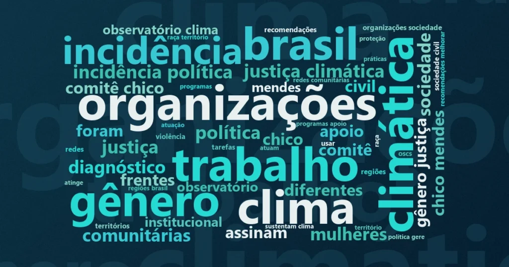 Nuvem de palavras com os termos centrais da notícia 'Defensoras climáticas: estudo ouve 26 lideranças sobre sobrecarga e cuidado' no Terceiro Setor