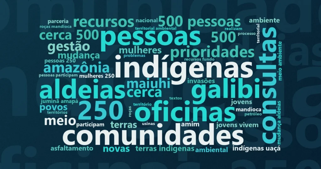Nuvem de palavras com os termos centrais da notícia 'Projeto Dabucury financia revisão do Plano de Vida indígena em Oiapoque' no Terceiro Setor